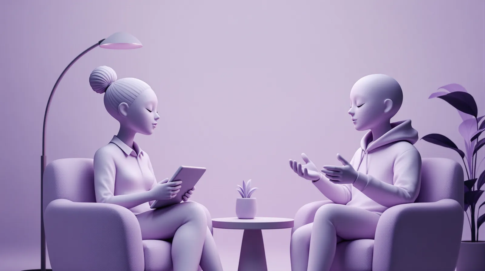 Two sculpted-clay figures in an interview — one holding a tablet, one mid-gesture — the research conversation made tangible.